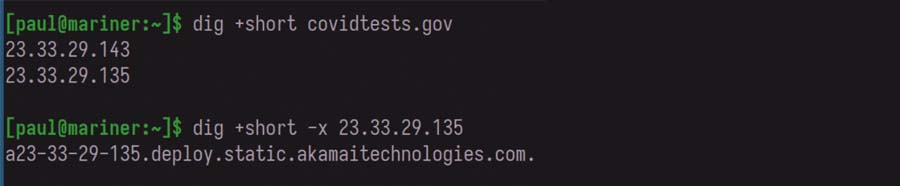 Lookup of DNS information of covidtests.gov and an IP address on command line.