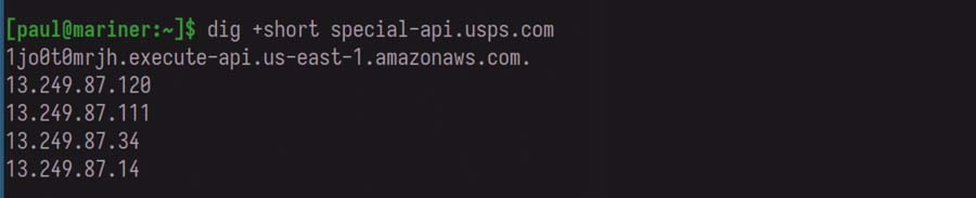 Lookup of DNS information of special-api.usps.com on command line.