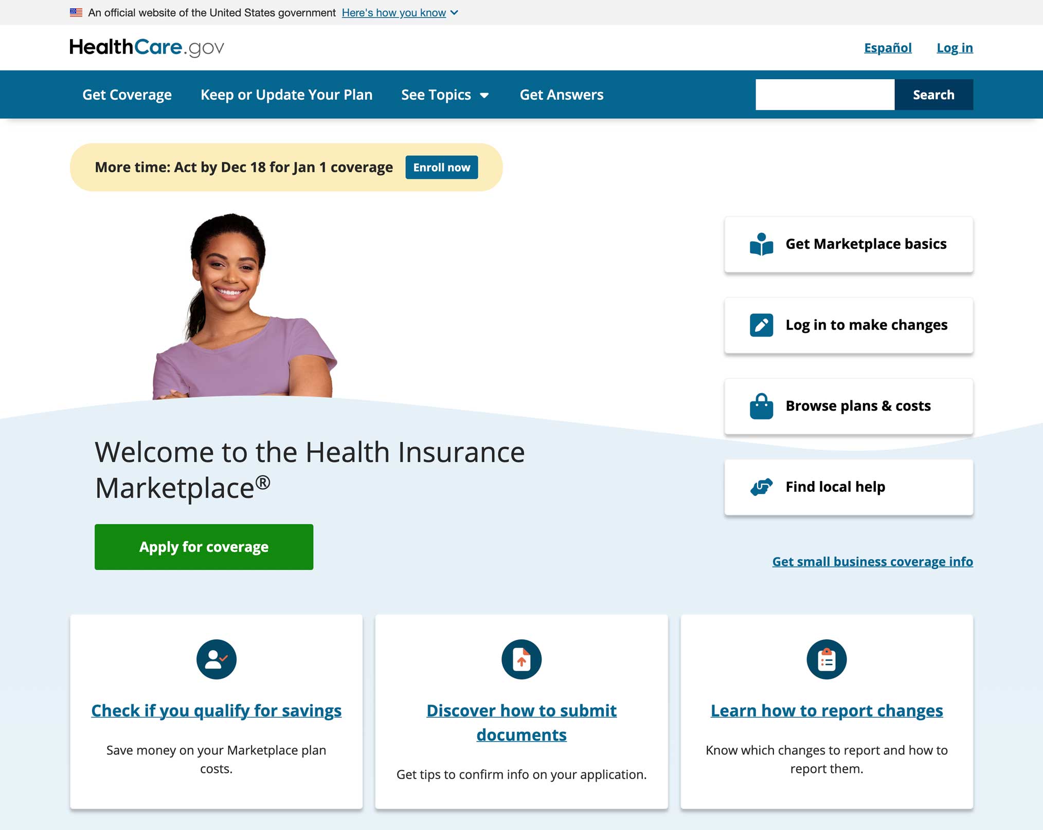 screenshot of the Health Care dot Gov website