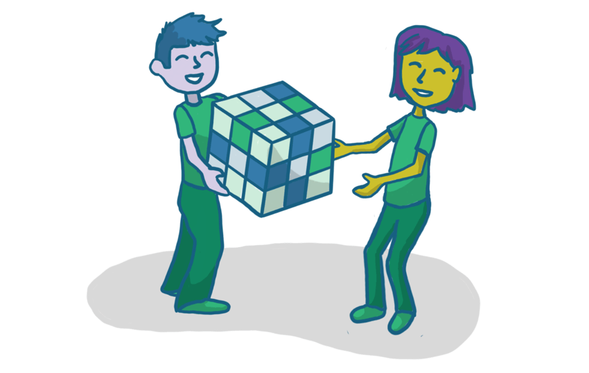 Drawing of one person handing a cube to another person