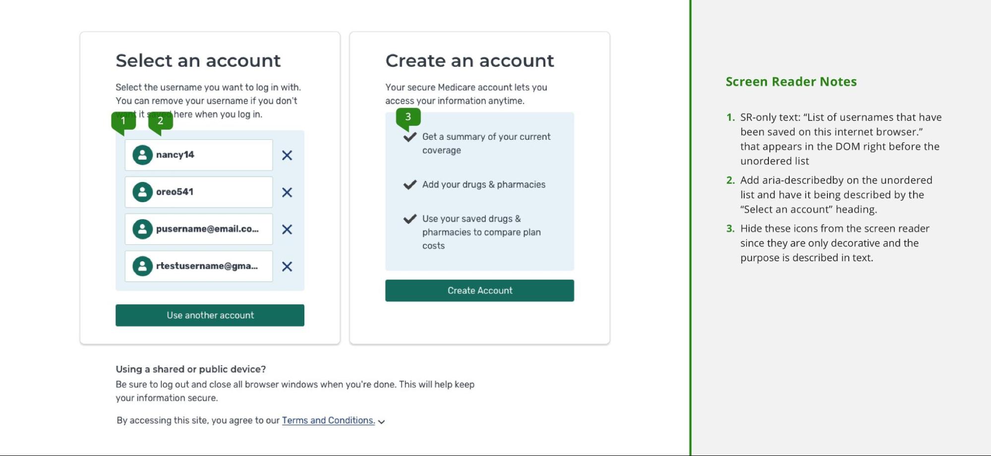 Screens with green annotations that callout screen reader notes.