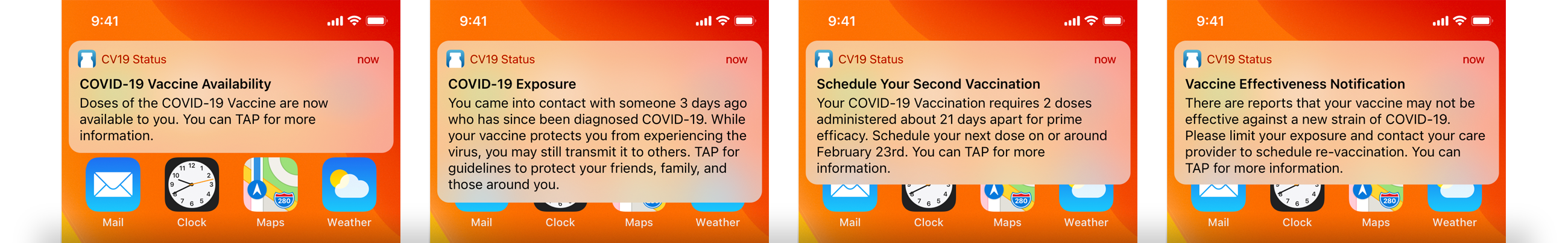 Four push notifications on a mobile phone screens alerting people to possible exposure, vaccination availability, scheduling, efficacy.