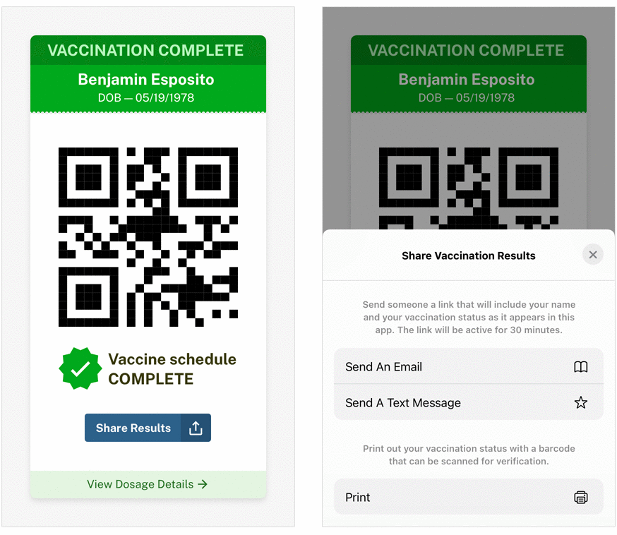 Two mobile phone screens show how someone could share vaccination status via email, text message, printing, or QR code.