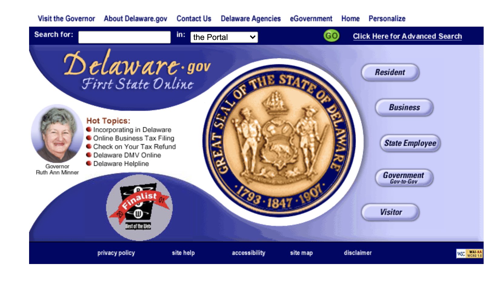 A screenshot of the State of Delaware's redesign website with new search features, circa 2001