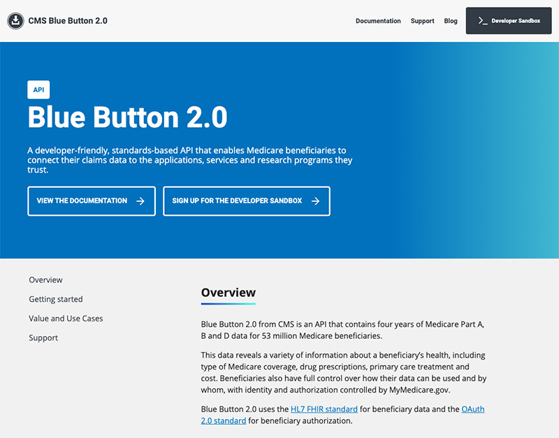 A screenshot of the Blue Button 2.0 home page.