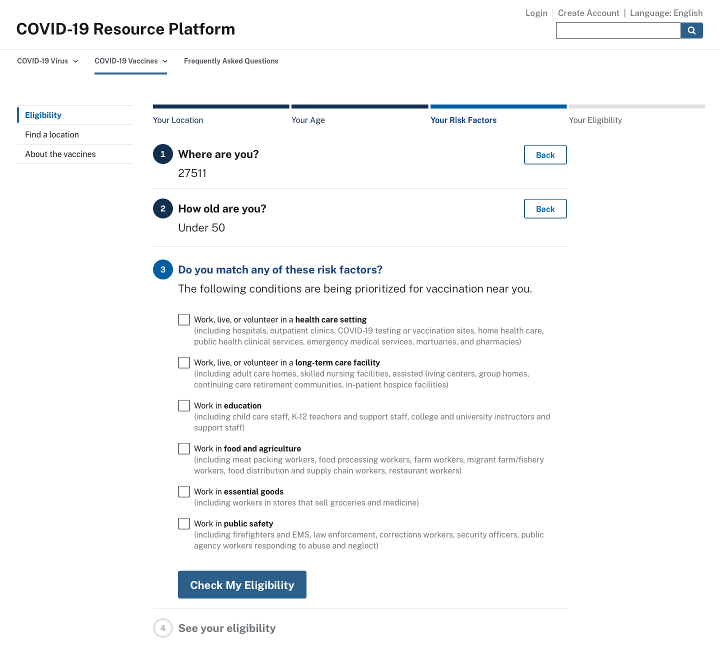 Website mockup showing an eligibility determination user flow with information on location, age, and check boxes for a number of risk factors.