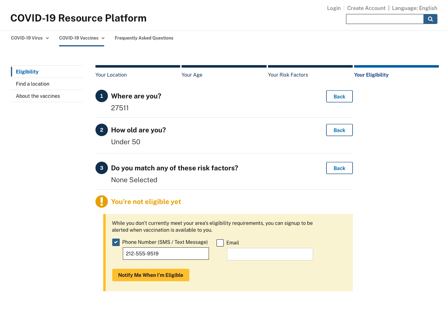 Website mockup of the final screen in an eligibility determination user flow showing someone is ineligible and prompts them to enter a phone or email for alerts when they are eligible.