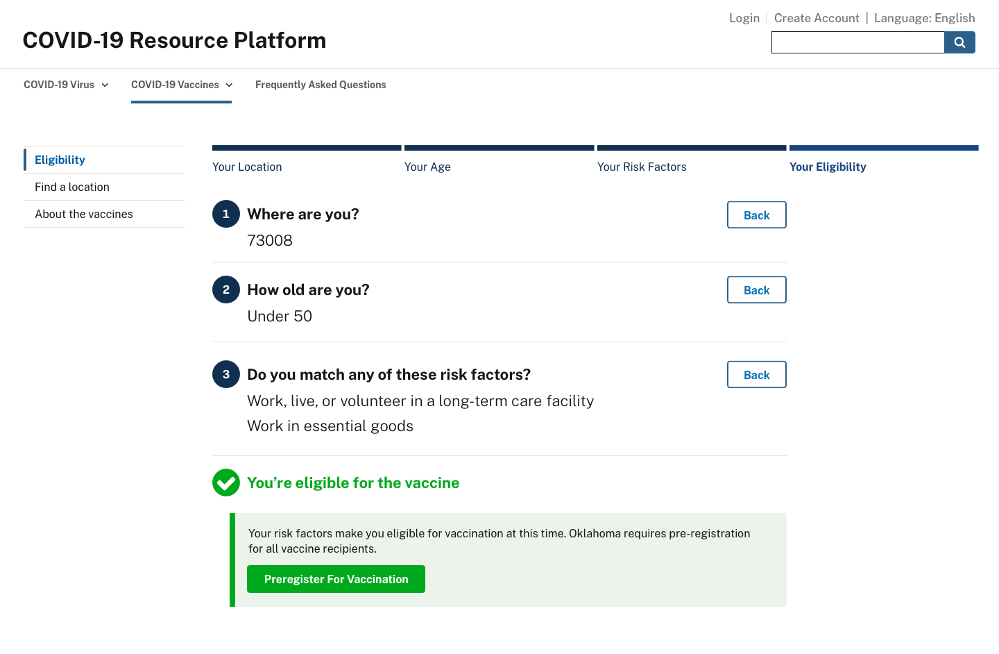 Website mockup of the final screen in an eligibility determination user flow showing someone is eligible with a button to preregister for a vaccination.