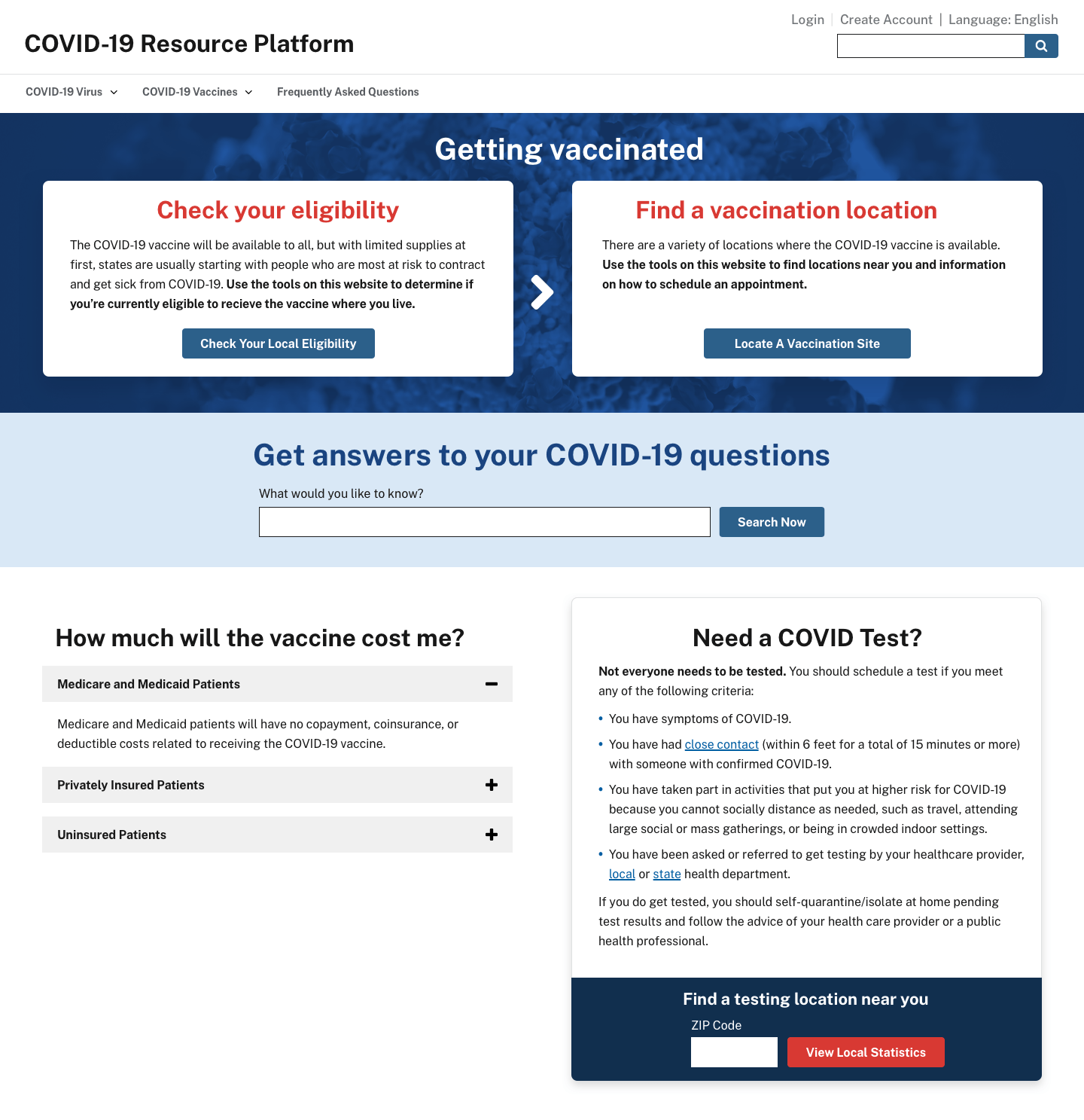 A mockup of a website homepage with options for users to check eligibility, find a vaccine location, search the site, learn about costs, and find testing locations.