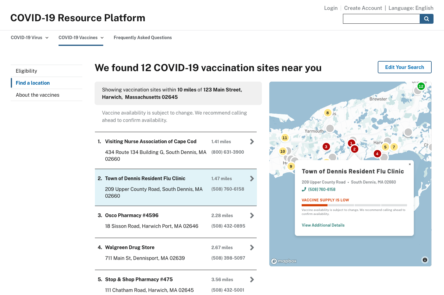 Website mockup showing search results based on an entered location, with a list view and a map view.