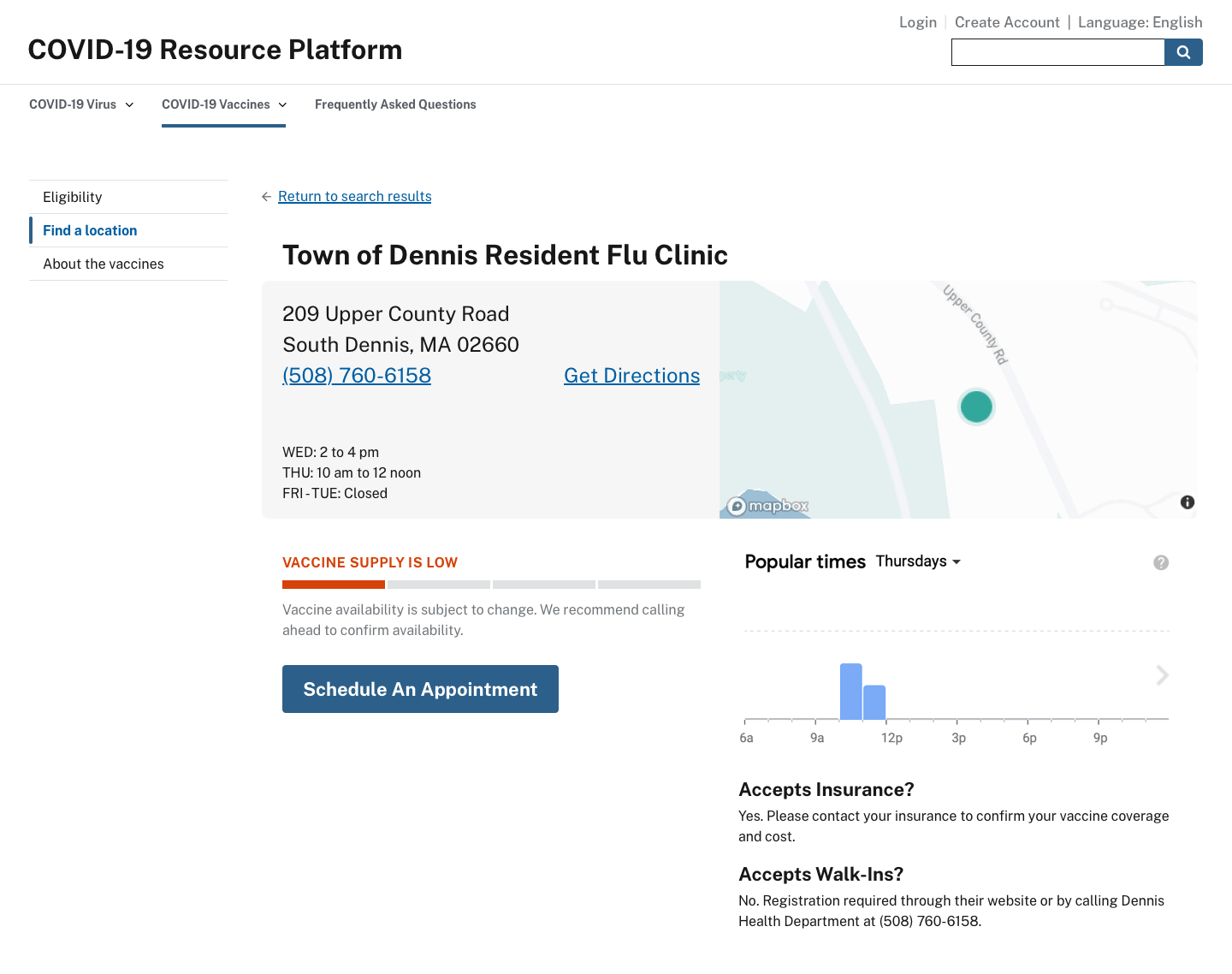 Website mockup showing search result details for a vaccination site, including location, phone number, and hours.