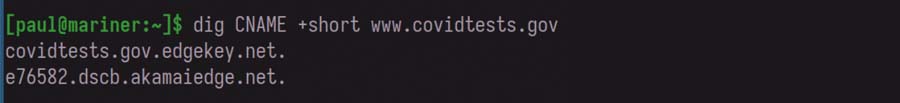 Lookup of DNS information of www.covidtests.gov on command line.