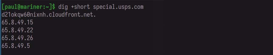 Lookup of DNS information of special.usps.com on command line.