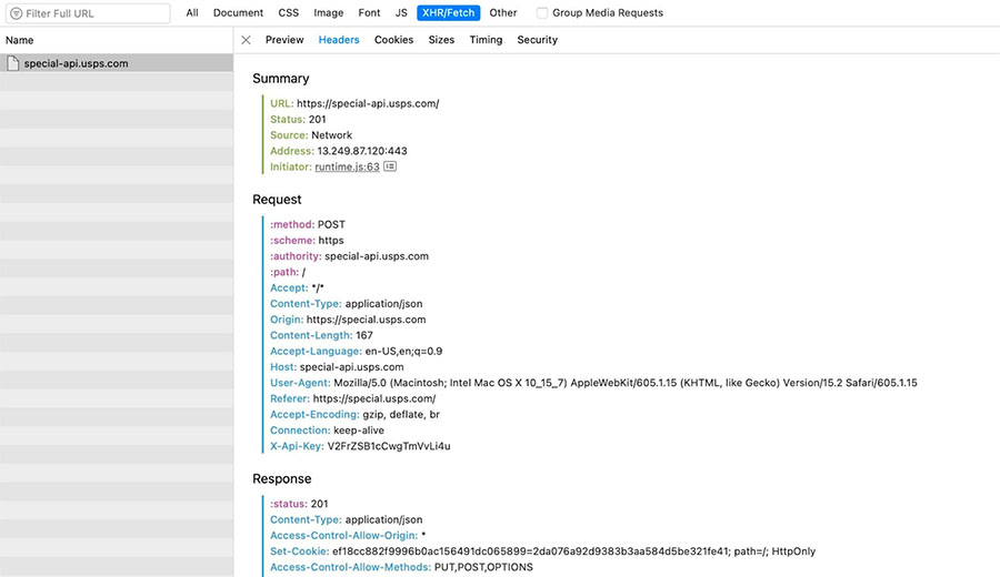 HTTP request/response details on special.usps.com in web browser dev tools.