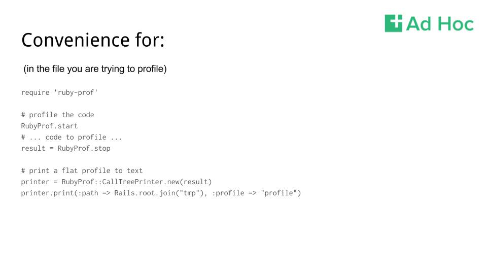 Slide 9 from the presentation, titled “Convenience for: (in the file you are trying to profile)”, with a code block available in the source code at the link above