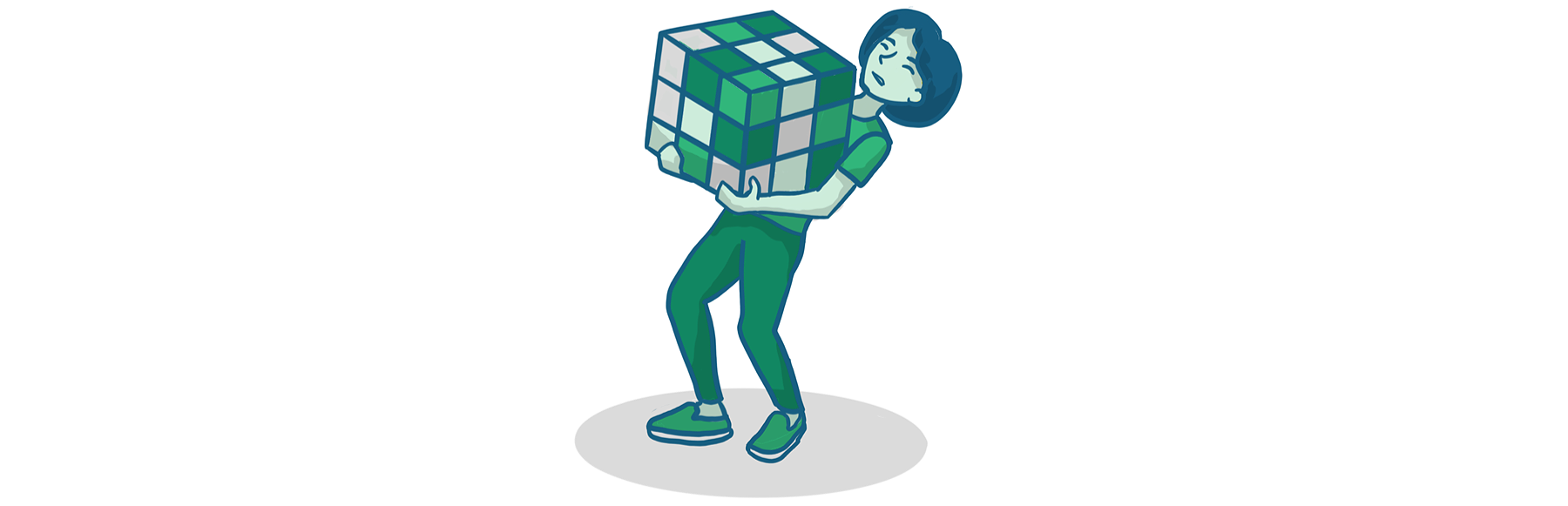 Drawing of a person carrying an over-sized Rubix's cube.