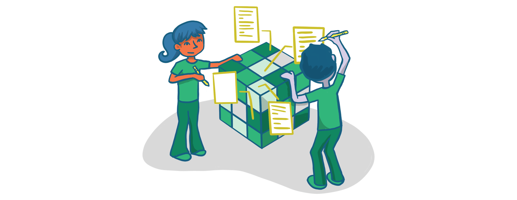 Drawing of two people creating documents around a rubics cube.