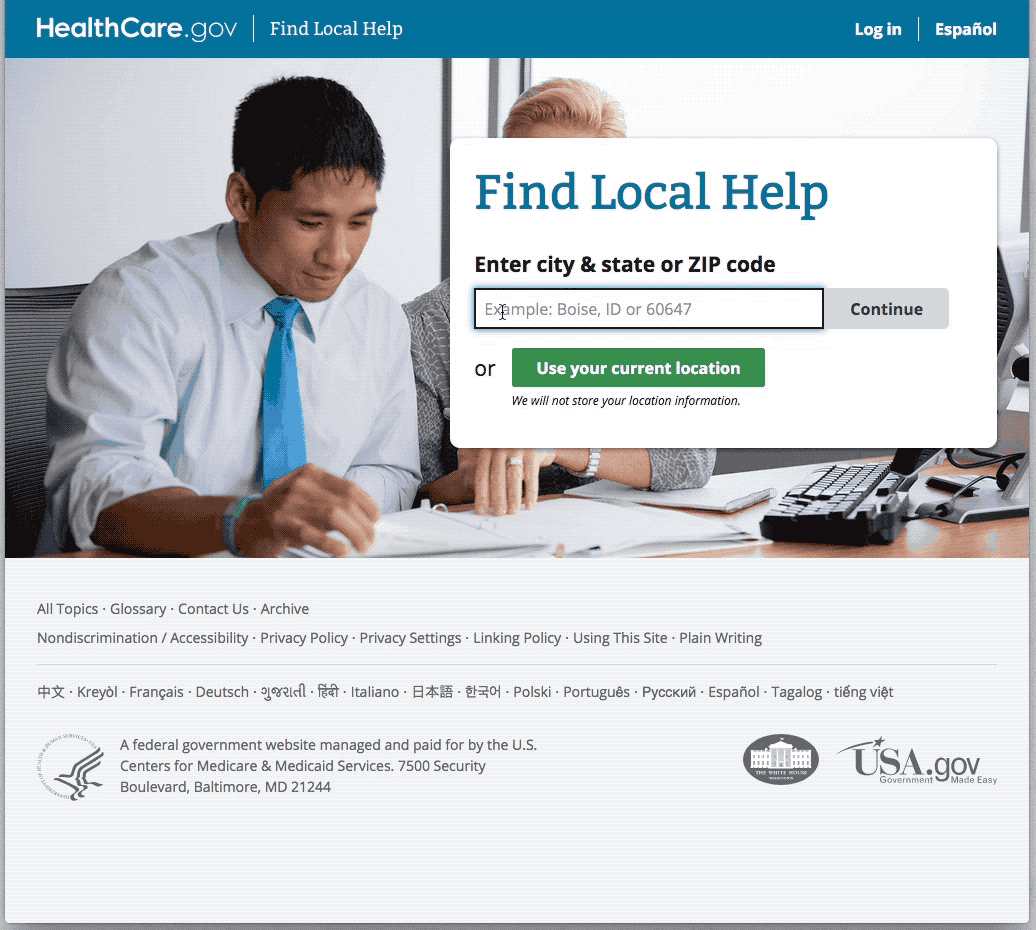 An animation showing the new search experience on the Find Local Help tool