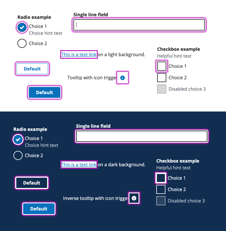 An example of double box-shadow and outline focus styles on both light and dark backgrounds side by side on multiple types of form and interactive elements.