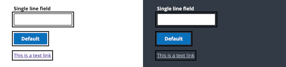 An example of an outline focus style on a button, link and text input on both light and dark backgrounds side by side.