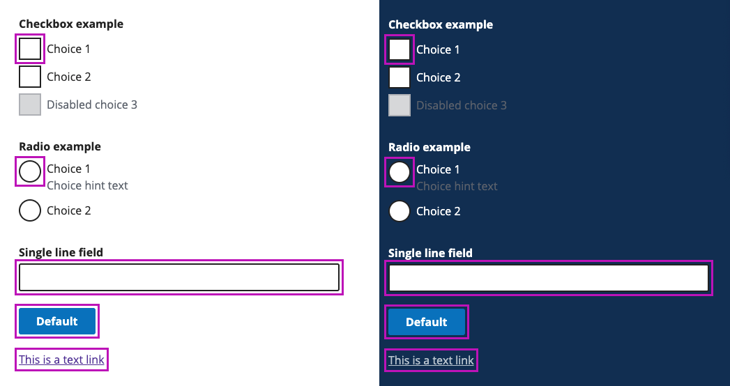 An example of a focus style that uses a single color on a button, link and text input on both light and dark backgrounds side by side.