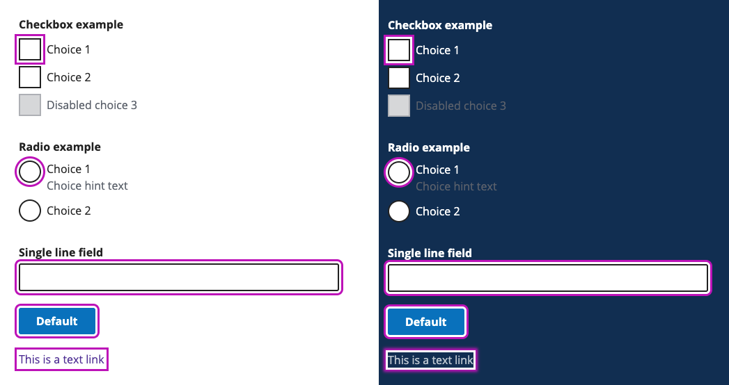 An example of a focus style that uses a 2 colors on a button, link and text input on both light and dark backgrounds side by side.