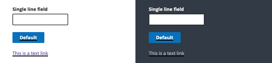 An example of a text-decoration underline focus style on a button, link and text input on both light and dark backgrounds side by side.