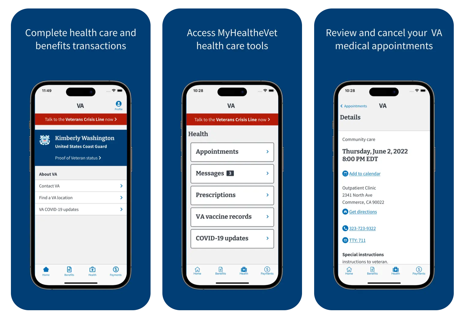 Screenshots from the VA Health and Benefits Mobile App showing users can complete health care and benefits transactions, access HyHealtheVet health care tools, and review and cancel VA medical appointments.