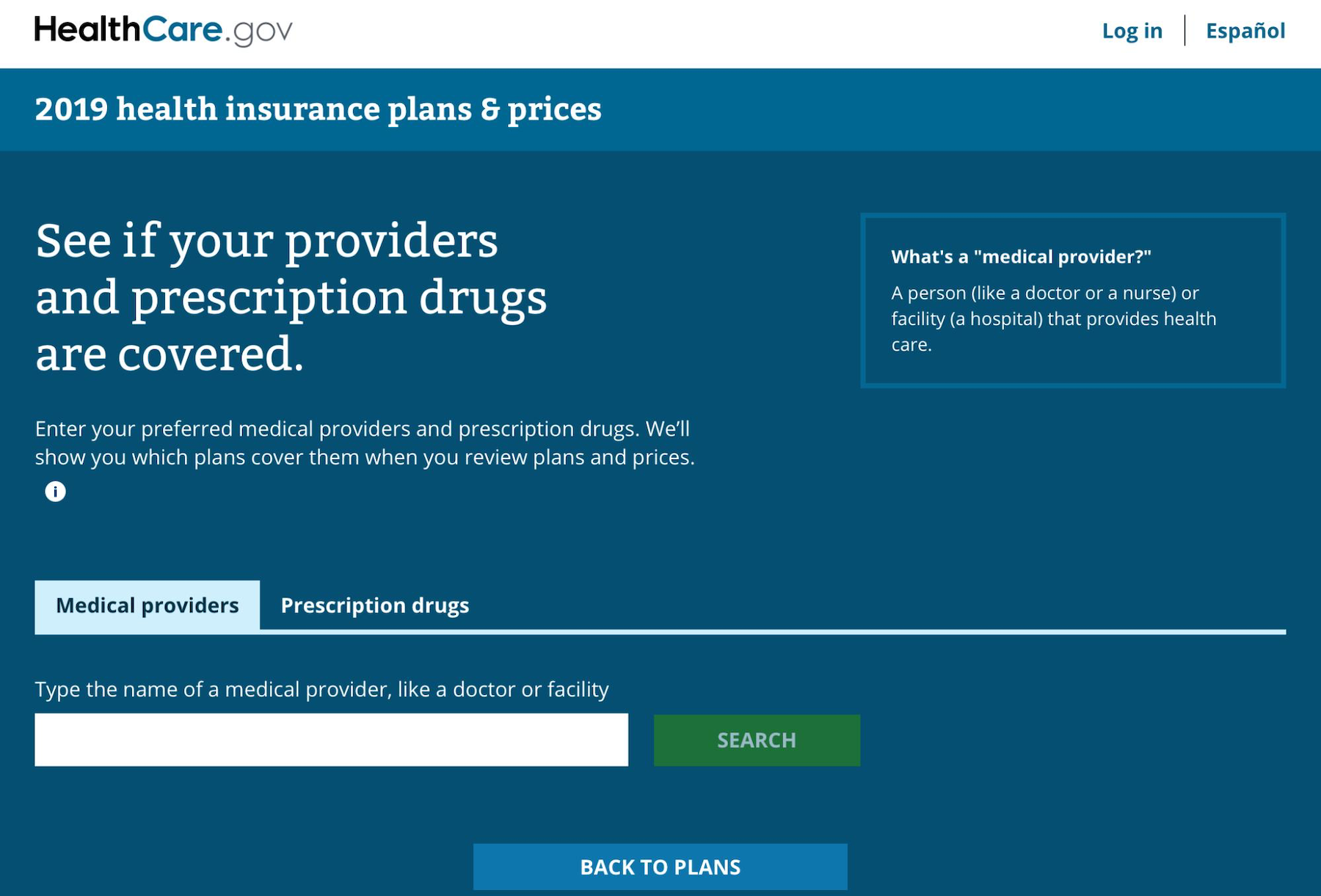 Screenshot of the Drug and provider search tools on HealthCare.gov