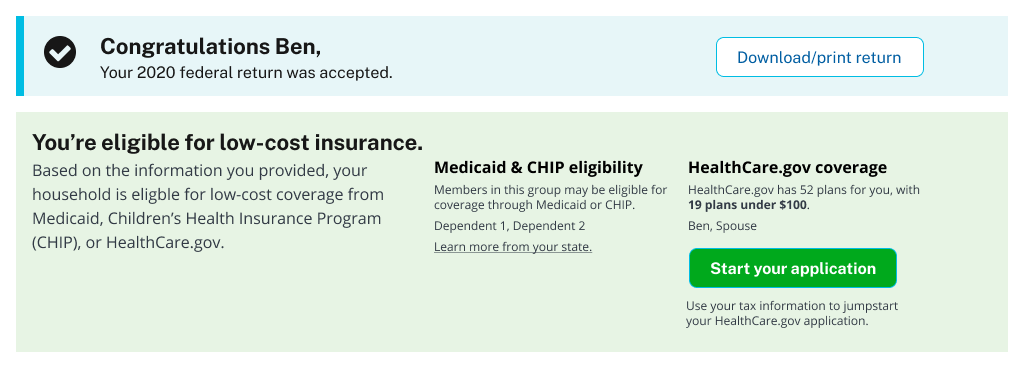 Mockup showing a user interface returning results of an elibility check.