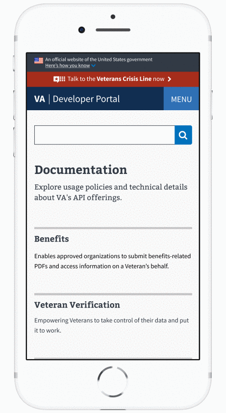 Animated gif of mobile version of developer.va.gov navigation