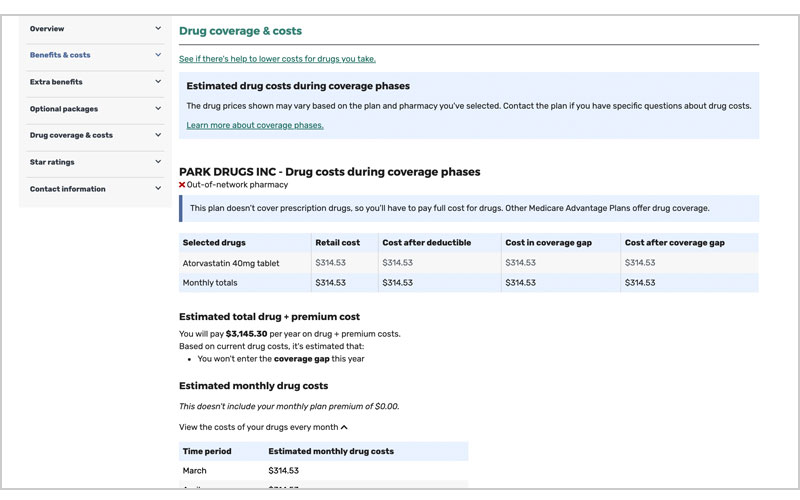 Screenshot of the redesigned Medicare Plan Finder plan details page with estimated drug costs breakdown.