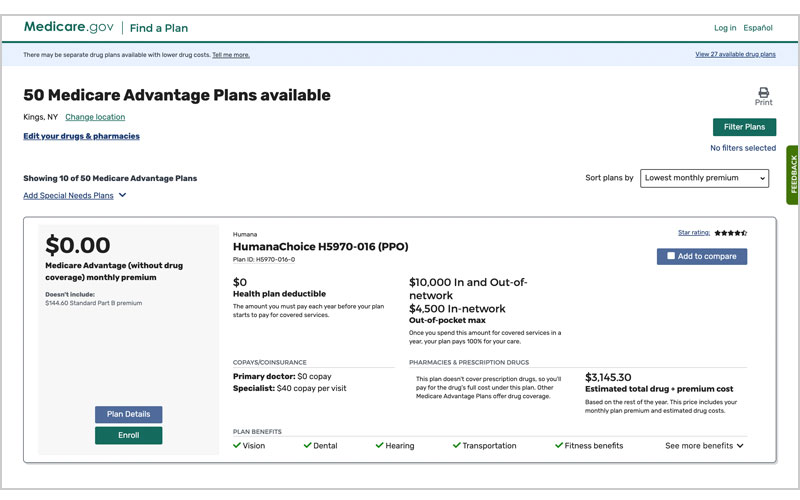 Screenshot of the redesigned Medicare Plan Finder plan results page with estimated drug costs and premium costs.