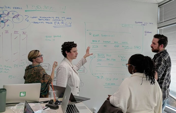 People from our research team collaborating during a whiteboard session.