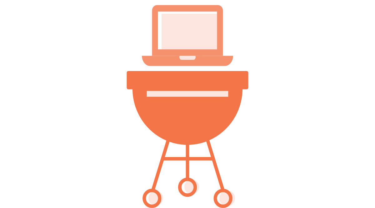 Image of a computer cooking on a charcoal grill, a fun reference to combining camping and computers