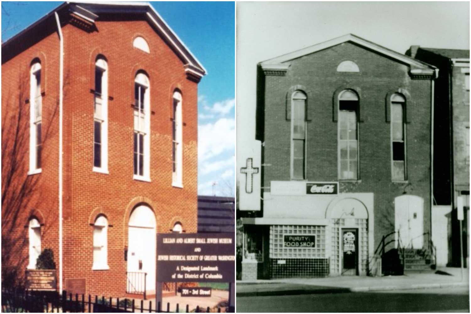 This red brick building began life in 1876 as a synagogue, and would later become three different churches. On the left is a color image of the synagogue, on the right is a black and white image of the same building with a neon cross on the side.