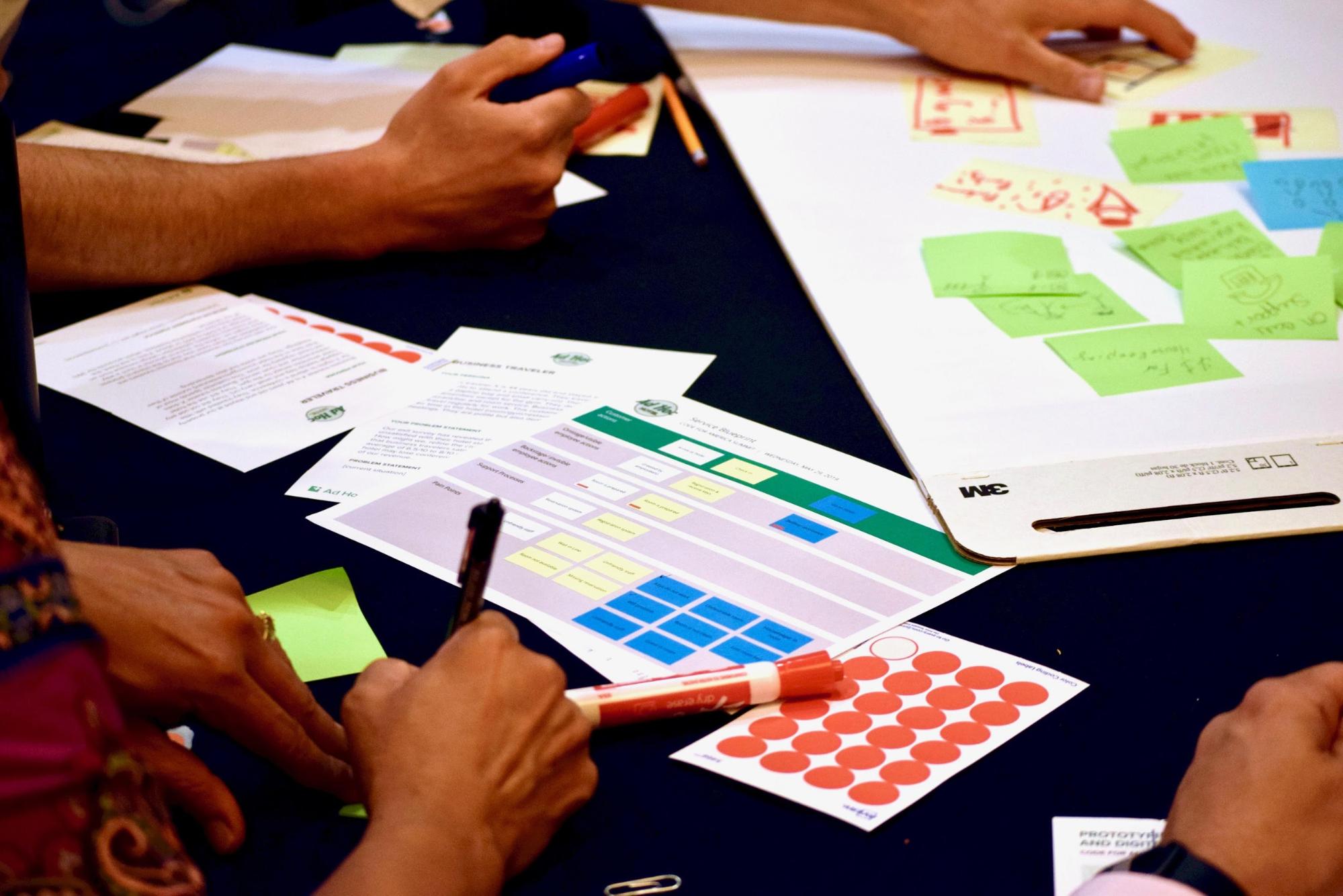 Picture of hands, sticky notes, and markers during the workshop