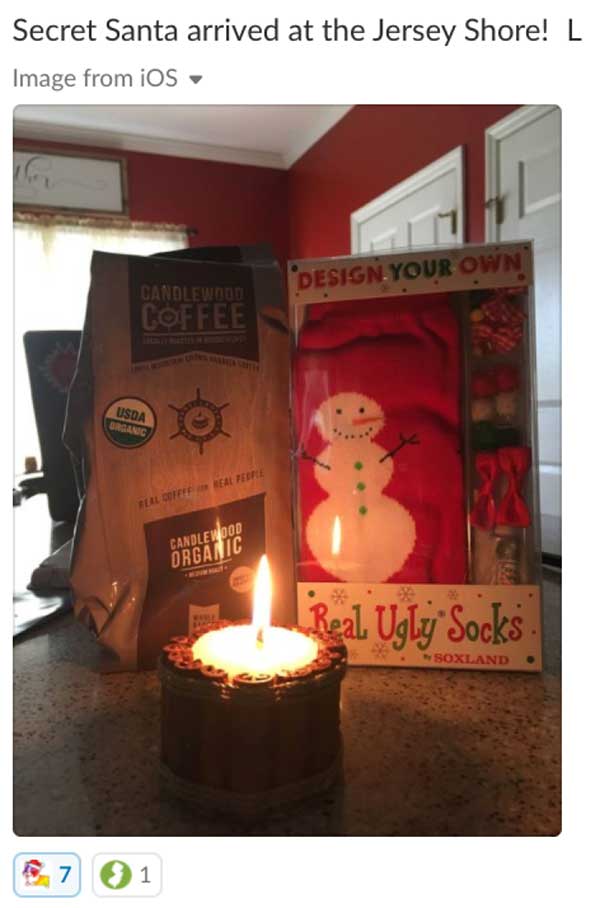 Secret Santa arrived at the Jersey Shore! Gift of candles, coffee and a card.