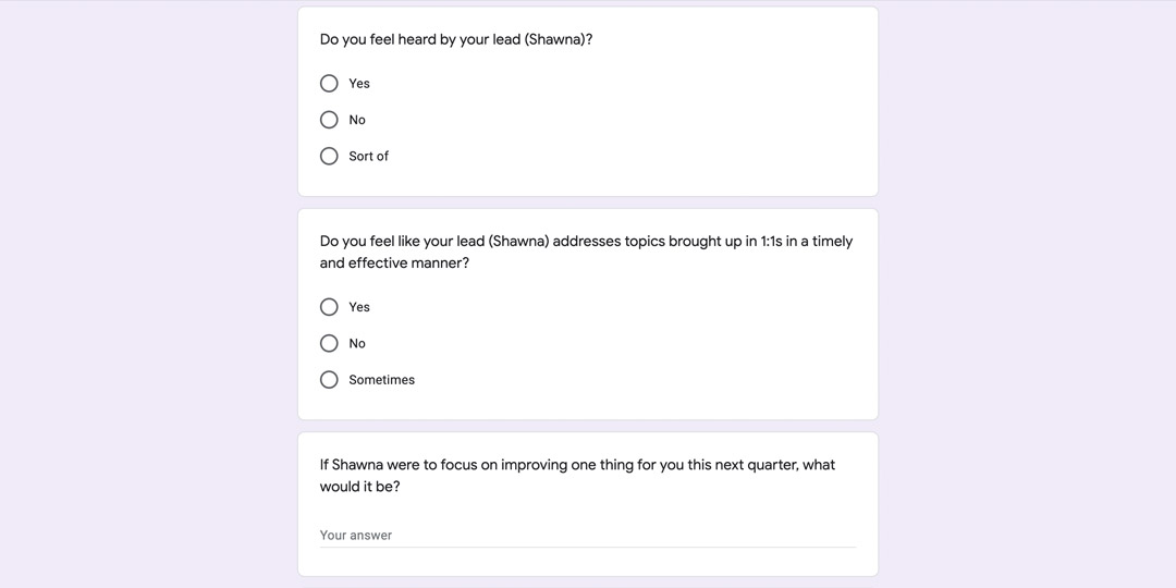 Google form showing three questions asking for feedback from an employee on how well a manager is supporting the employee.