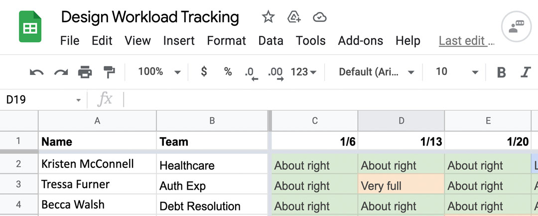 A spreadsheet with rows for each team member, and columns for each checkin describing how the team members feels about their capacity, like light on work, about right, or very full.