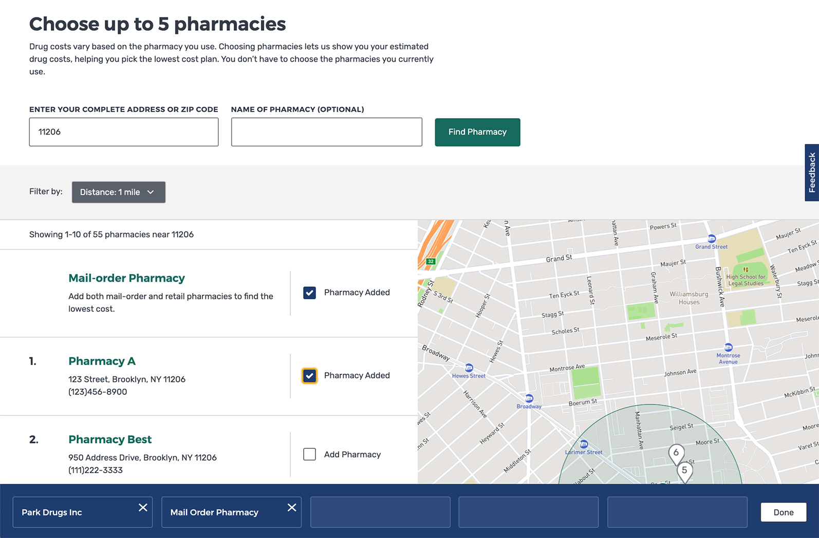 Screenshot showing the page to choose a pharmacy, with pharmacy names, addresses, and a map.