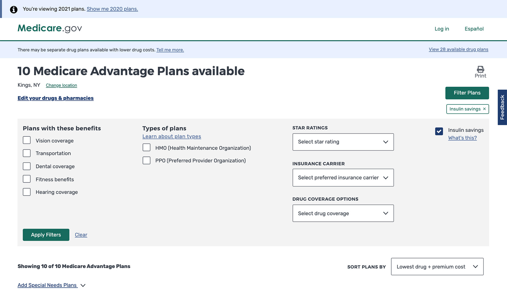 Screenshot showing filters available for searching plans.