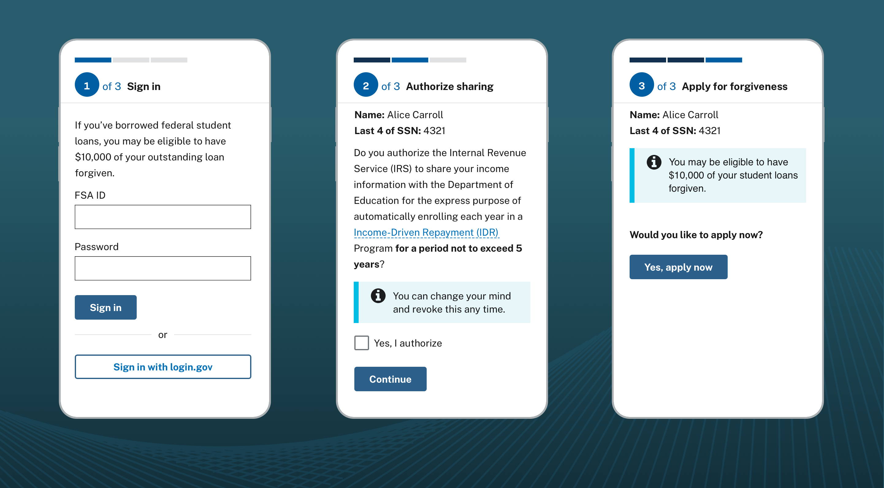 An image of 3 mobile screens representing a three-step process. The first screen has a sign in form. The second screen has information about IDR plans and a checkbox. The last screen has a single button to submit a combined student loan forgiveness and IDR application.