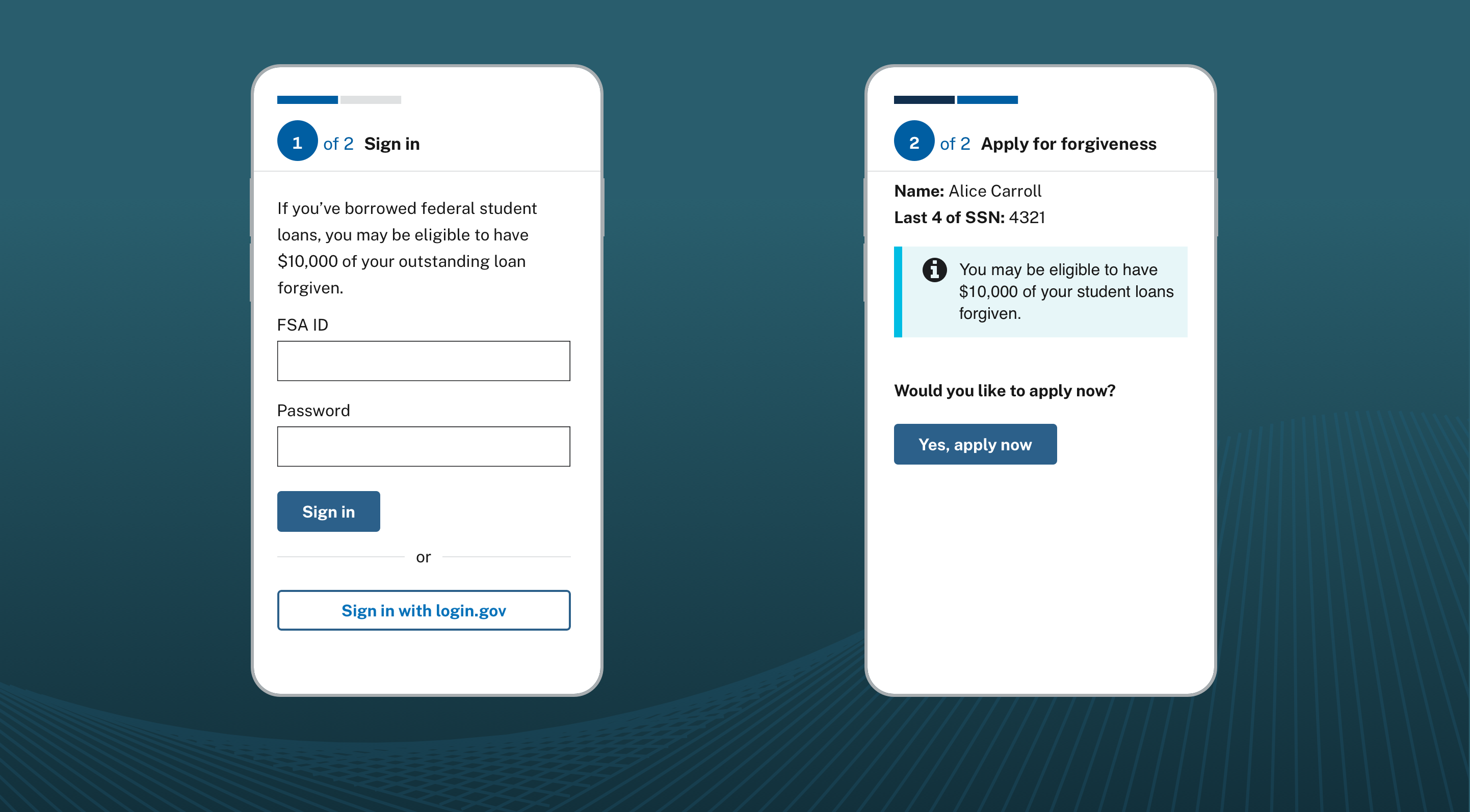 An image of two mobile screens representing a two-step process. One screen has a sign in form and the other has a single button to submit a student loan forgiveness application.