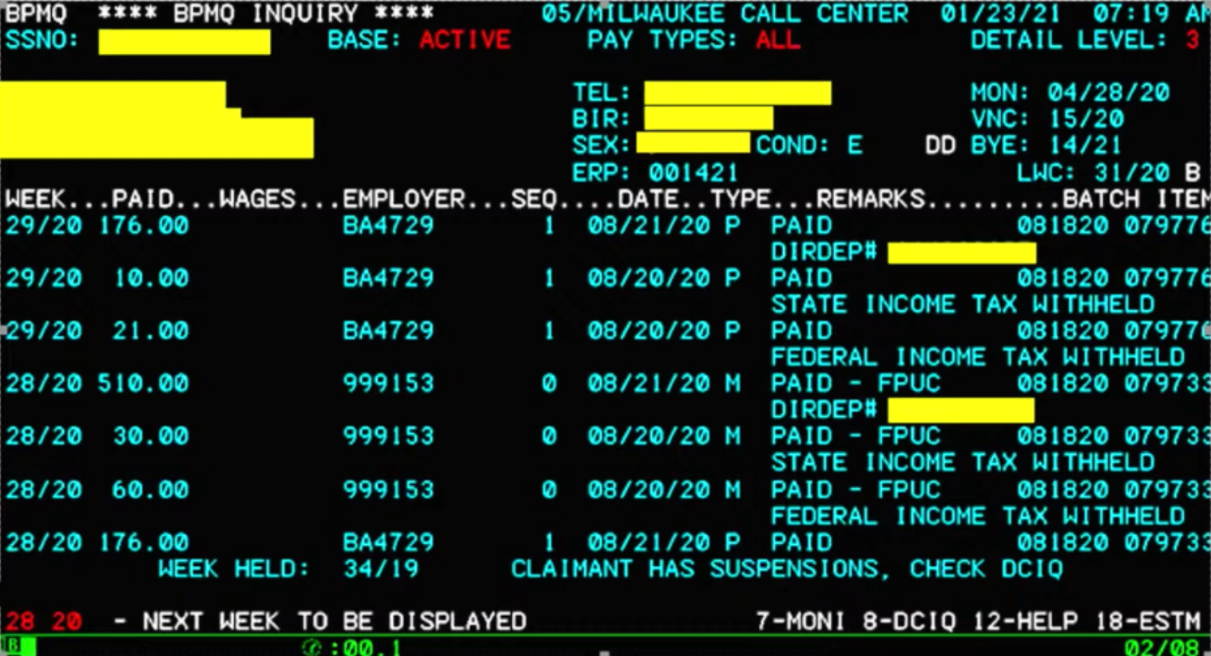 Screenshot of the rejected claim terminal display.