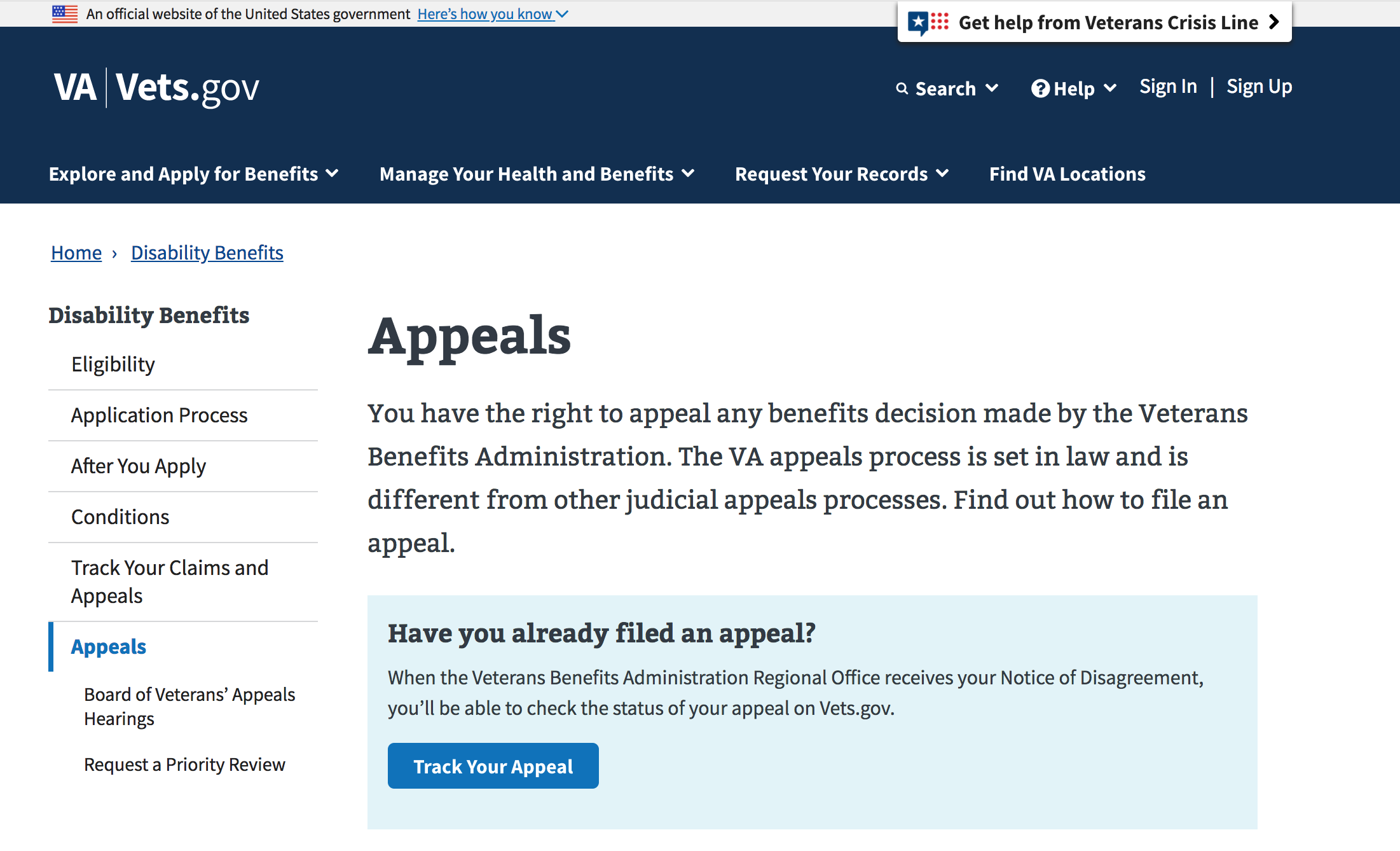 Screenshot of Vets.gov appeals process.