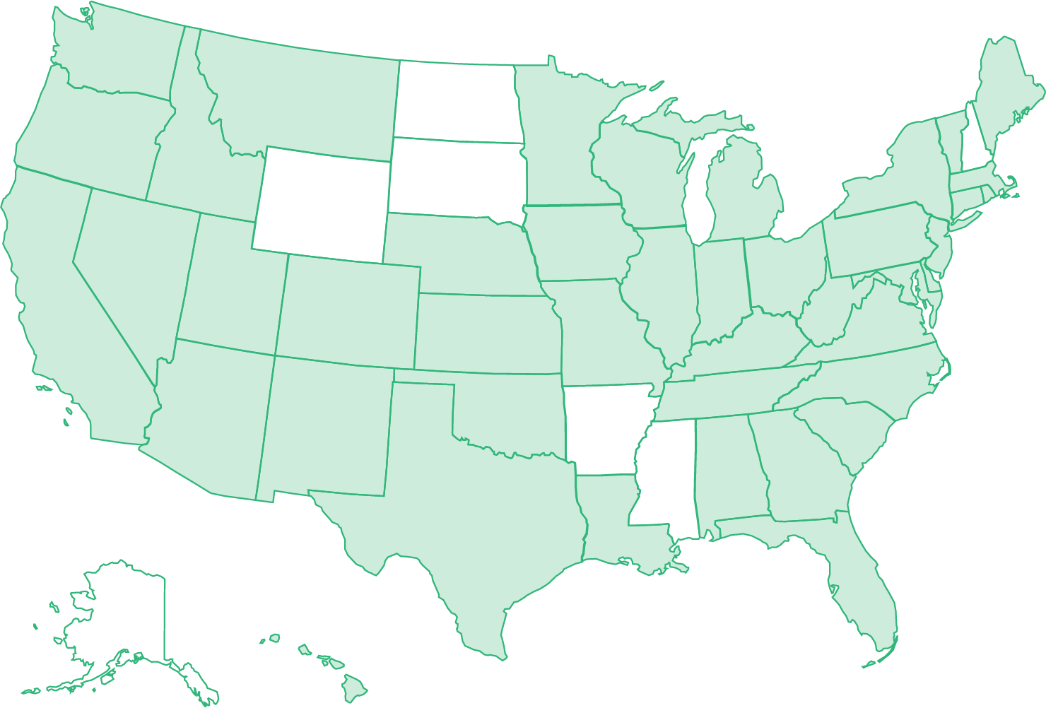 A map of the United States of America showing all the places where Ad Hoc employees live and work.