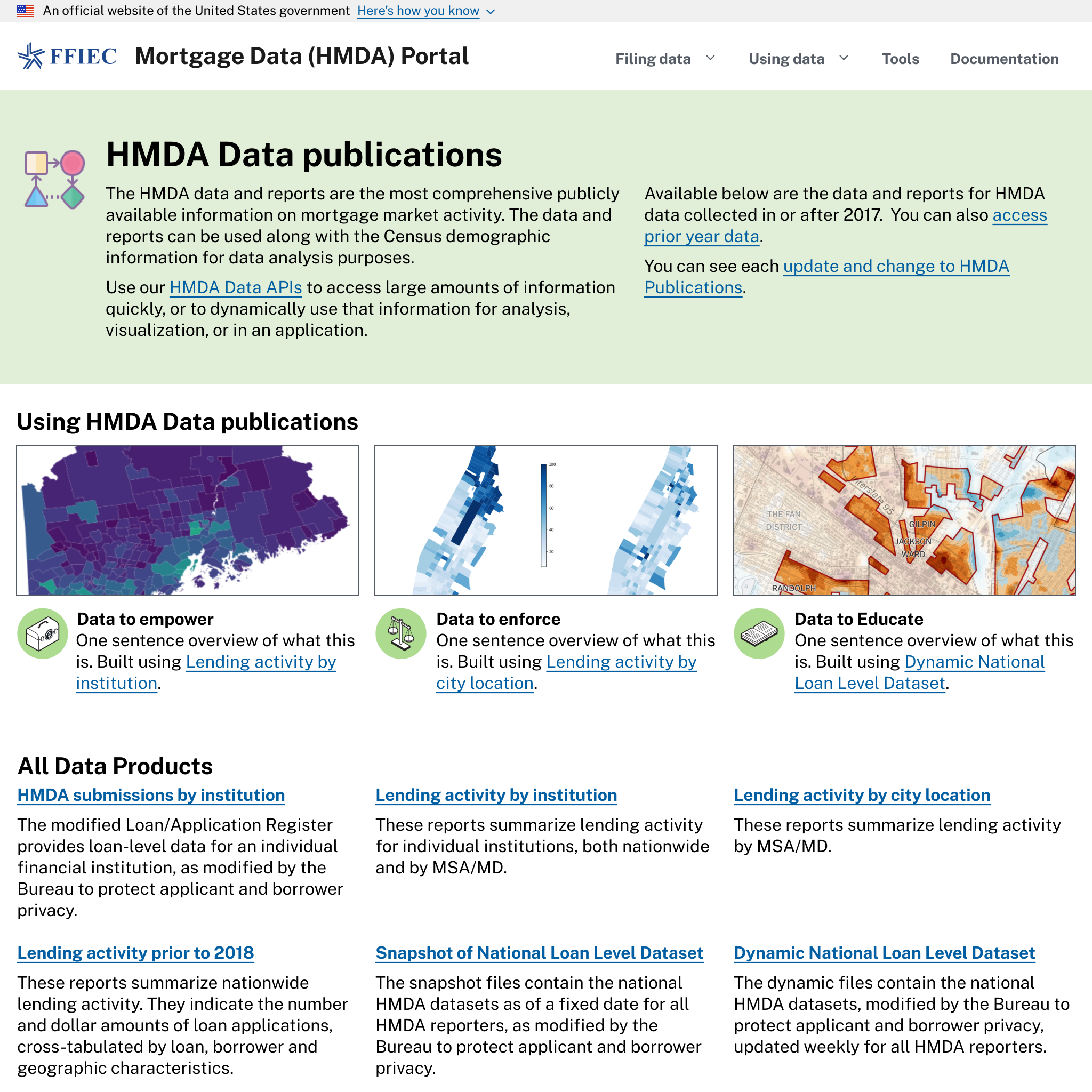 Screenshot of CFPB data publications.