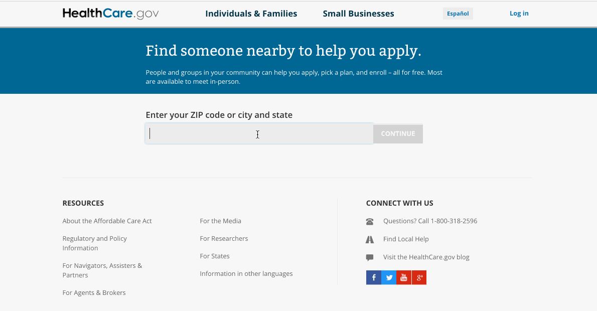 An animated screenshot that captures what the Find Local Help tool looked like before we redesigned it. There is a field where users can enter their ZIP code or city and state.