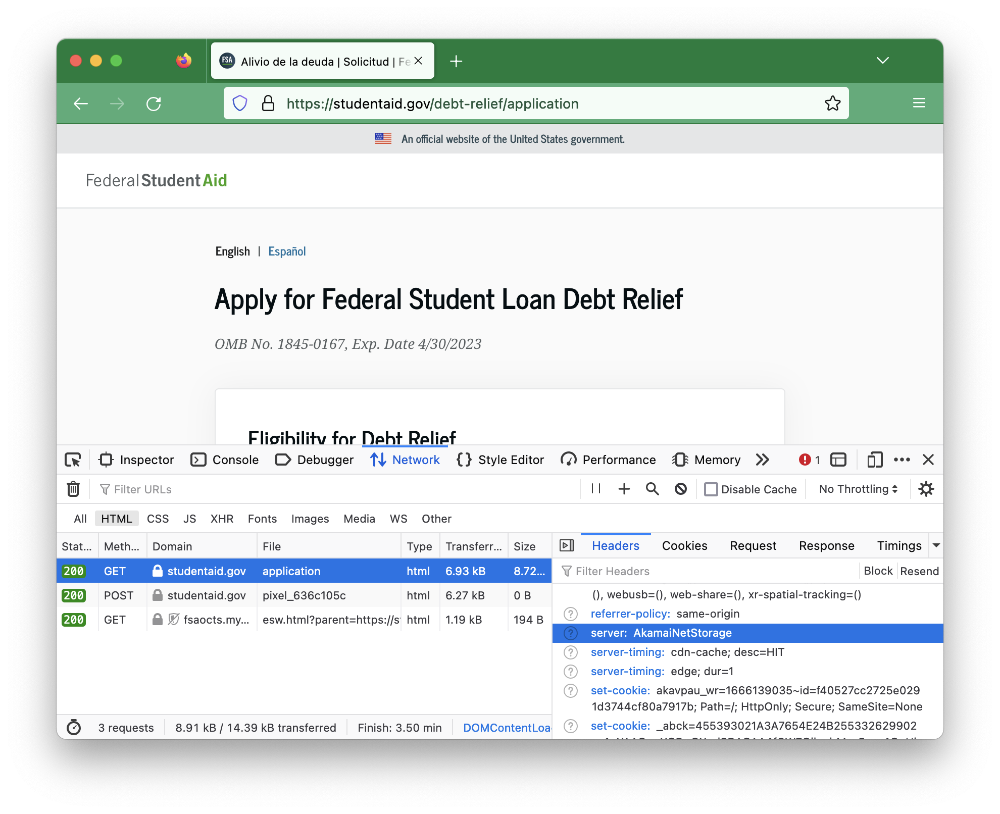 A screenshot of the student loan debt relief application webpage with the developer tools view at the bottom showing the code for the page headers.